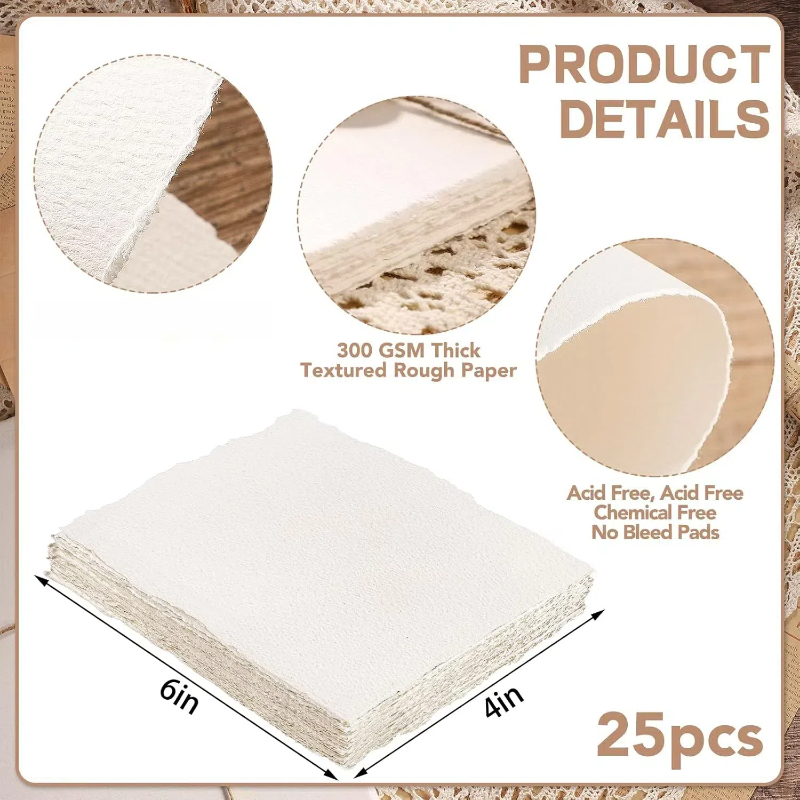 Ink Blotter Paper - 25 枚の水彩紙、300 GSM デッキエッジ紙ラフ/テクスチャード手漉き紙コットン紙ホワイトテクスチャード紙